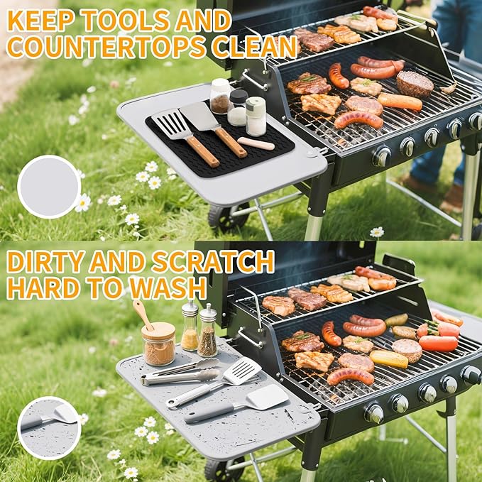 Grill Accessories, 14x11 Inch Silicone Heat Resistant Mat, BBQ Tool Rest Pad for Blackstone Griddle Side Shelf, Weber, Traeger, Outdoor Kitchen Countertop Protector (Black)