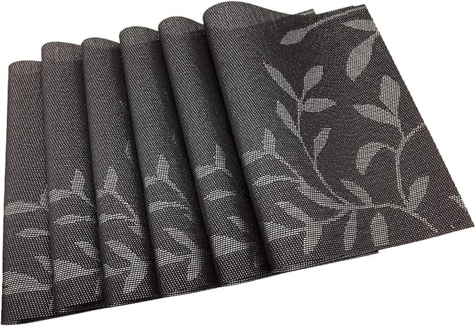 Gugrida Place Mats PVC Set of 6, Table Placemats Set of 6 PVC Woven Vinyl Place Mats Table Mats Natural Color (6 pcs, Black Leaves)