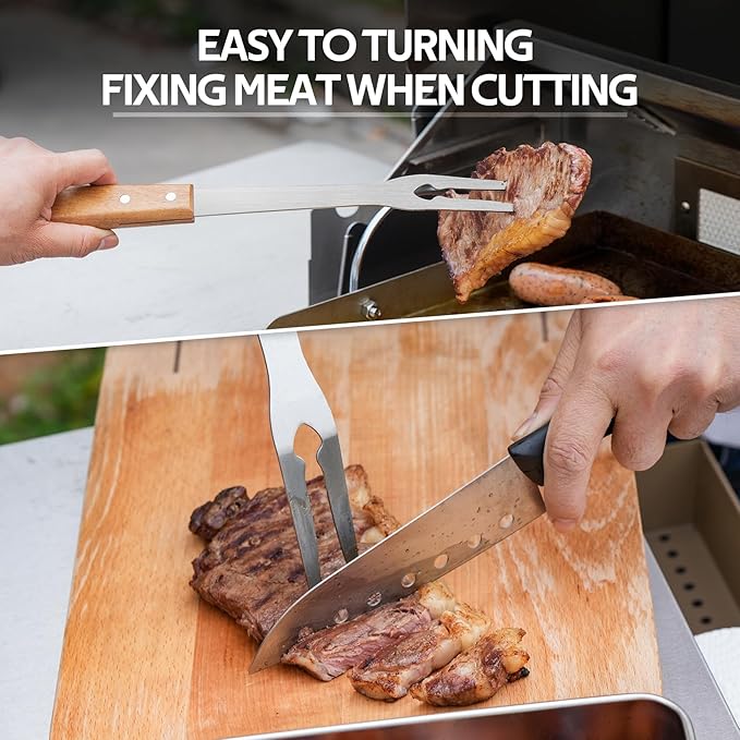 onlyfire 5PCS BBQ Tools, Heavy Duty Grill Kit with Wood Handles for Outdoor Camping, Multifunctional Griddle Utensil Set Including BBQ Spatula, Barbecue Tong, Meat Fork and Grate Liftes