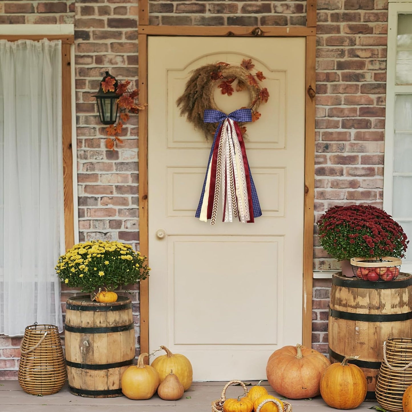 Large Blue Buffalo Plaid Ribbons Bow for Wreath, Red Orange Fall Fabric Ribbons Set Assorted Lace Ribbon Navy Clip-On Wreath Sash Ribbon Bundle for Thanksgiving Home Indoor Outdoor Decor
