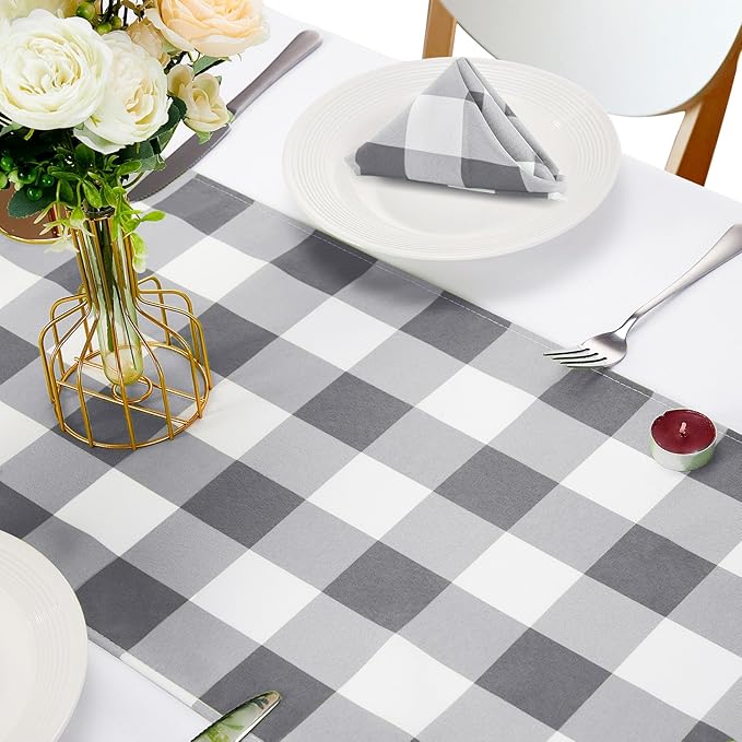 Fabric Checkered Table Runner 12 Pack Waterproof Gingham Table Runner 14W x 108L Buffalo Check Table Runners for Parties Kitchen Dining Wedding Banquet (Gray and White)