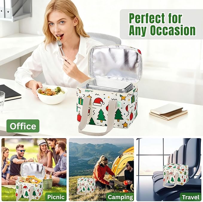 VENO 2 Pack Christmas Insulated Lunch Bag, Heavy Duty Insulated Grocery Bags, Small Cooler with Water-Resistant PP Exterior for Work, Picnic, Travel, Easy-Clean (Jingle Mix, 2 Pack)