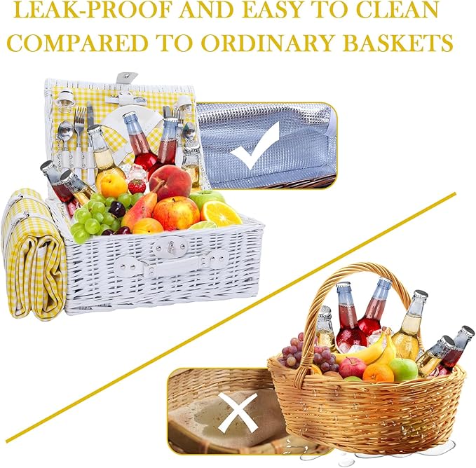 Neti Neti Wicker Picnic Basket for 4 with Insulated Cooler & Waterproof Blanket – Large Willow Picnic Hamper for Outdoor, Camping, Beach, Romantic Dates, Valentine’s Day