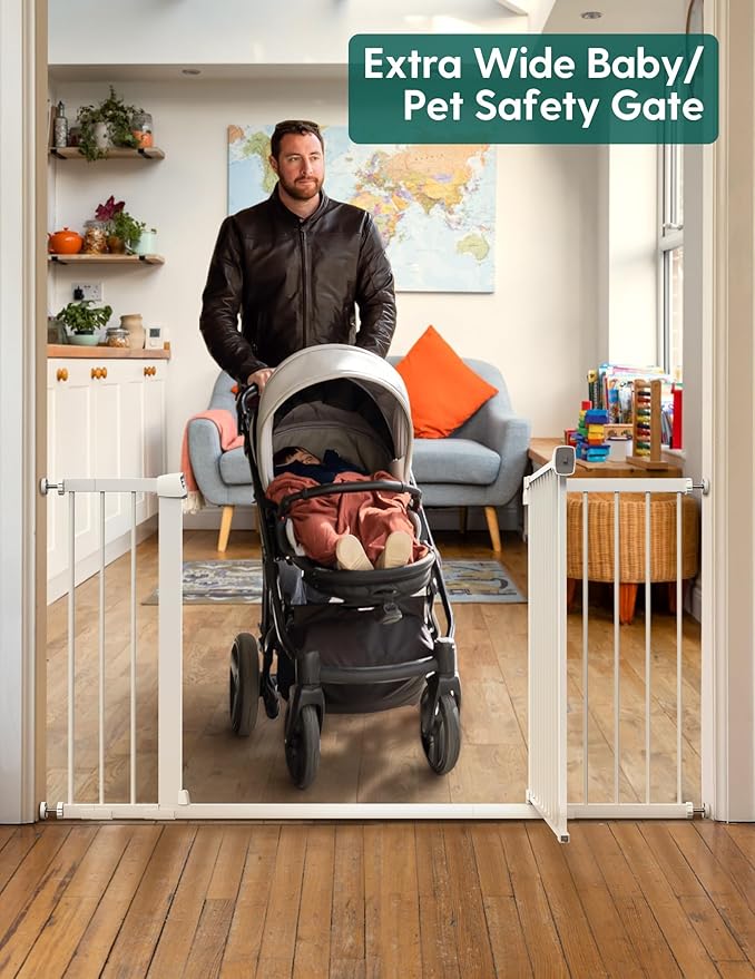BABELIO 36-57" Extra Wide Baby/Chlid Gate, Auto Close Dog/Pet Barrier with Large Walk Thru Door,Safety for The House, Stairs and Doorways,Pressure Mounted, White