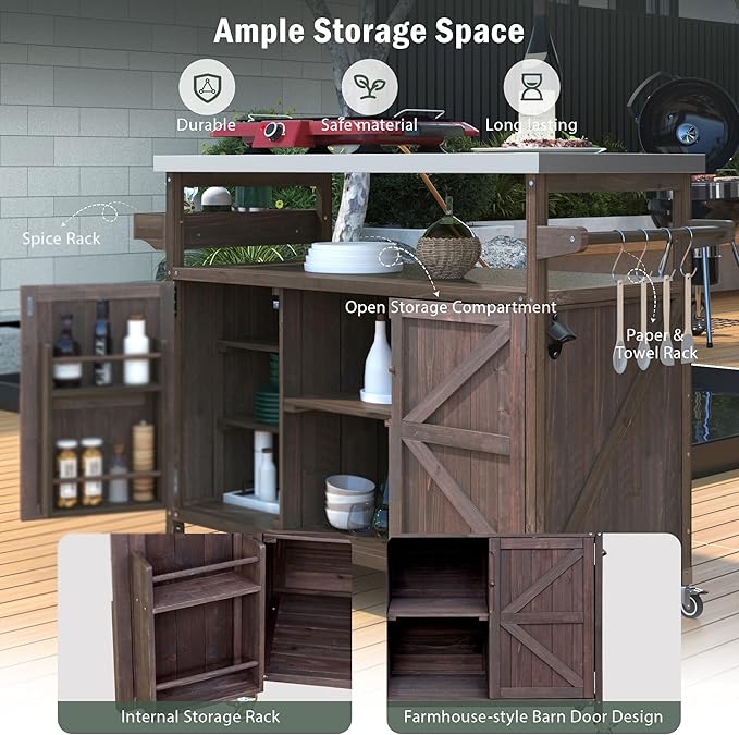 Rolling Cart ，Storage Cabinet, Grill Table ，Artificial Board，with Stainless Steel Top, Internal Storage Racks，Spice Rack, Towel Rack ， Kitchen ，Barbecue, Outdoor