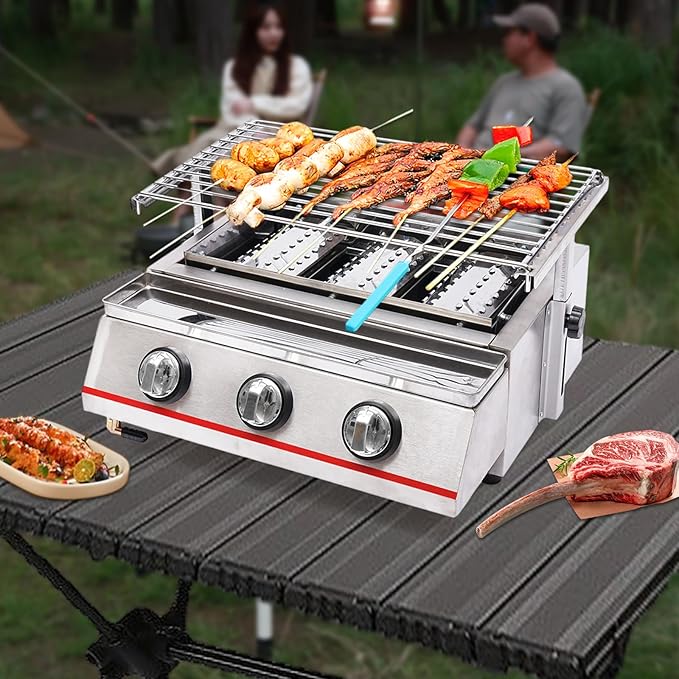 3-Burner Portable Gas Grill, Stainless Steel BBQ Gas Grill with Infrared Ceramic Heating, Portable Outdoor Grill for Camping Backyard, Adjustable Height & Oil Pan