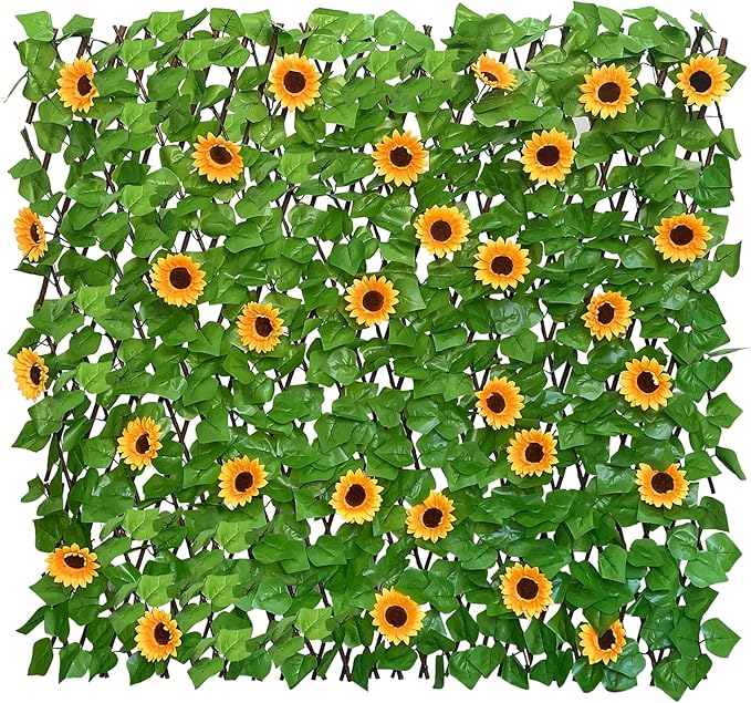 Expandable Fence Privacy Screen for Balcony Patio Outdoor,Decorative Faux Ivy Fencing Panel,Artificial Hedges (Single Sided Leaves) (2, Sunflowers)