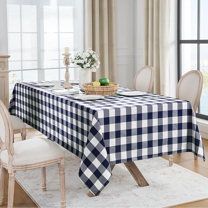 Softalker Gingham Checkered Tablecloth Rectangle - Outdoor Waterproof Buffalo Plaid Table Cloth, Stain Resistant Washable Table Cover for Picnic, Camping, Dining - Navy Blue and White, 60 x 102 Inch