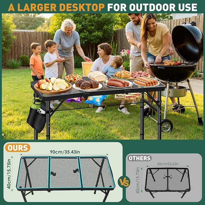 DeeprBetter Folding Camping Table, 3ft Camping Table Aluminum Folding Table with 3 Adjustable Height Max 27.5 Inch Picnic Table Portable Table for Outdoor Backyard BBQ, Beach