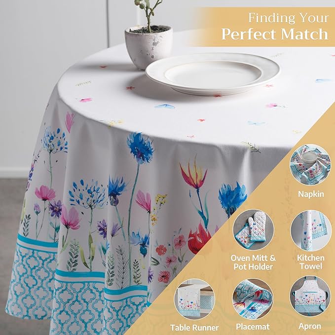 Maison d' Hermine Table Cloth Round Table 100% Cotton 63 Inches Tablecloth Reusable Decorative for Dining Room, Farmhouse, Home, Party, Festive & Wedding Spring Summer - Flower in The Field