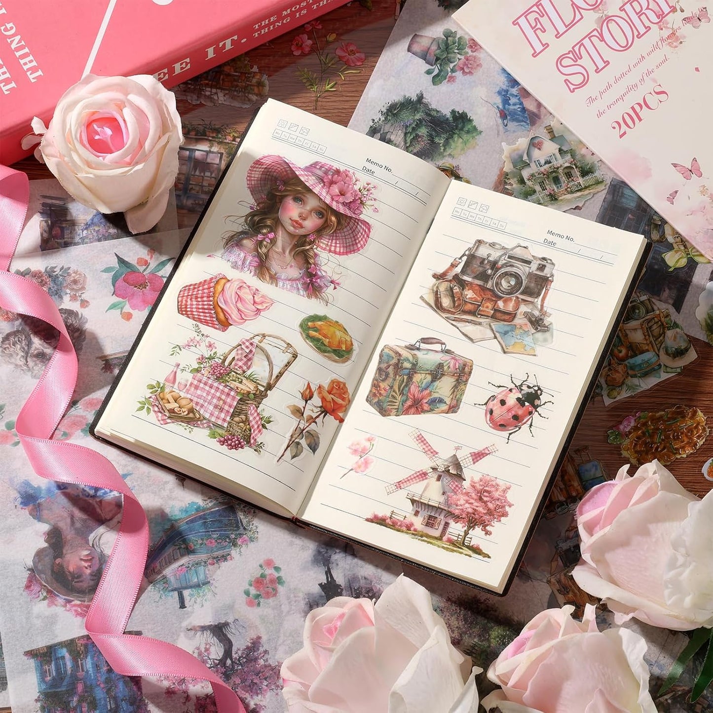 Scrapbook Stickers 20 Sheets 240 Pre-Cut Washi Stickers for Journaling PET Transparent Book Sticker Decorative or DIY Paper Crafts Arts and Crafting Projects