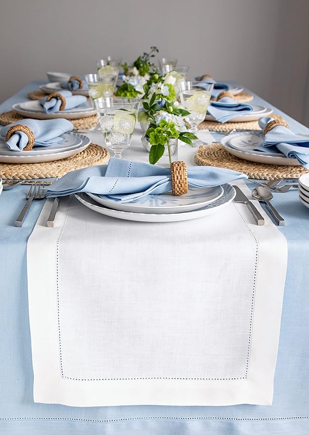 Solino Home Linen White Table Runner 132 Inches Long - 100% Pure Linen Extra Long Table Runner 14 x 132 Inch for Valentines, Spring, Easter - Classic Hemstitch