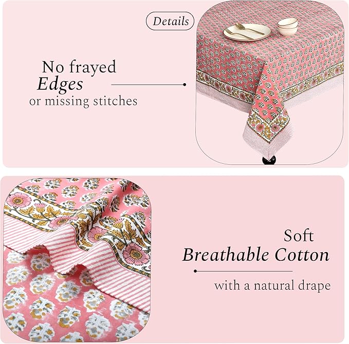 CPC Tablecloth 100% Cotton 70x108 Inch Indian Block Print Rectangle Table Cover, Washable Table Cloth for Weddings, Spring/Summer, Barbeque - Poppy Pink