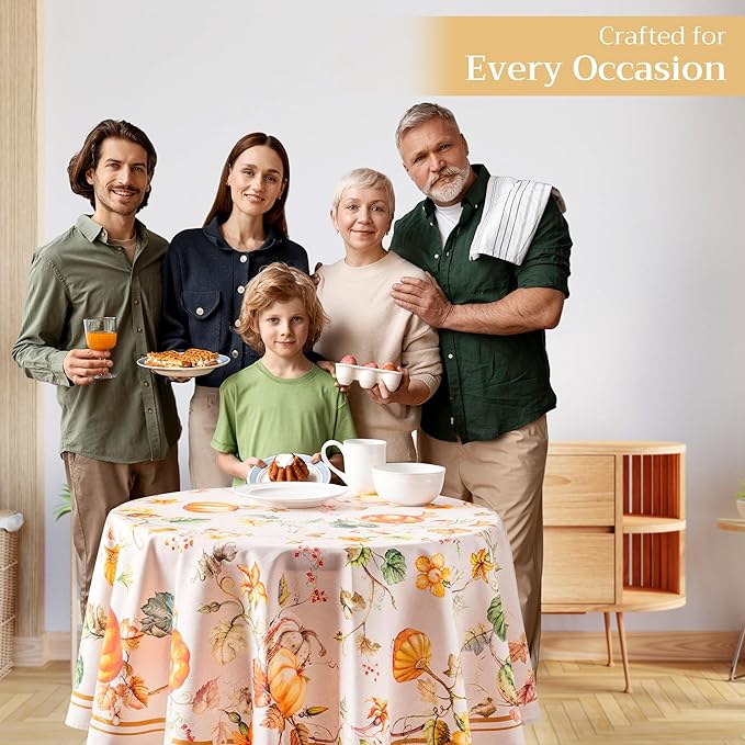 Maison d' Hermine Table Cloth Round Table 100% Cotton 69 Inches Fall Tablecloth Reusable Everyday Use for Thanksgiving Christmas Decorations Dining Farmhouse Party (Potiron)
