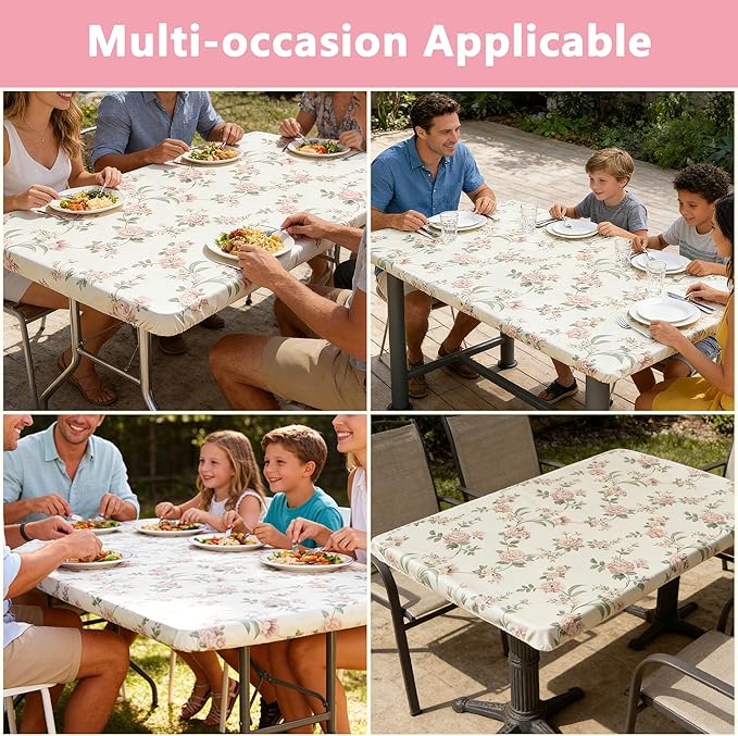 Rectangle Picnic Table Cloth, Elastic Waterproof Fitted Vinyl Tablecloths for 8 Foot Tables, Wipeable Flannel Backed Table Covers for Dining, Camping, Outdoor(Rose,30"x96")