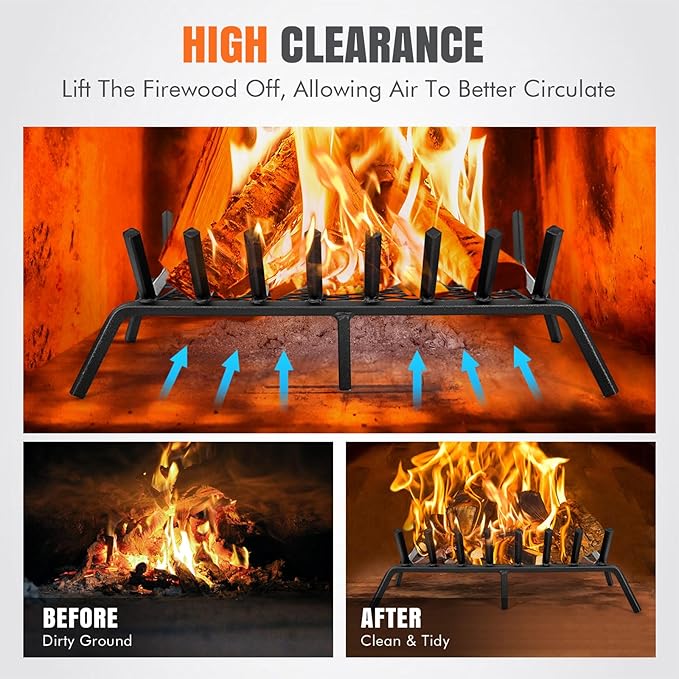 INNO STAGE Fireplace Grates with Ember Retainer - 27 Inch Fireplace Log Grate, Firewood Wood Log Holder Rack, Inside Wrought Cast Iron Fire Grate for Hearth Indoor Outdoor Camping