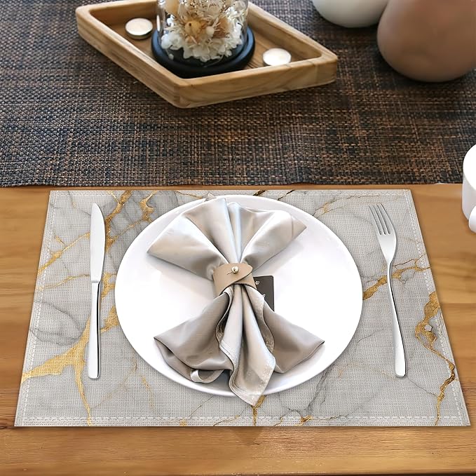 Placemats Set of 6,White Gold Marble Linen Table Mats Abstract Heat Resistant Place Mats Washable Dining Table Mats for Indoor Outdoor Kitchen Decor Easy Clean 12 x 18 Inch