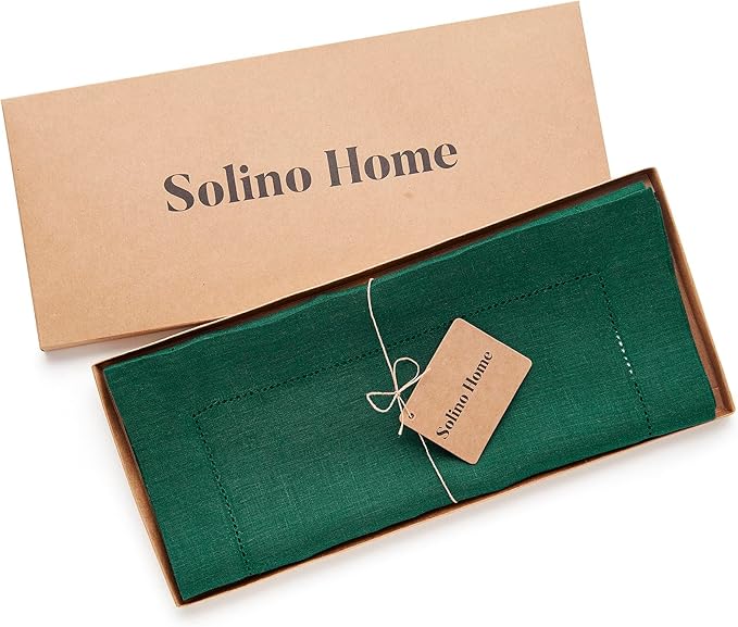 Solino Home Linen Rainforest Green Table Runner 72 Inches Long - 100% Pure Linen Hemstitch Table Runner 14 x 72 Inch for Dresser, Dining, St Patricks Day - Classic Hemstitch