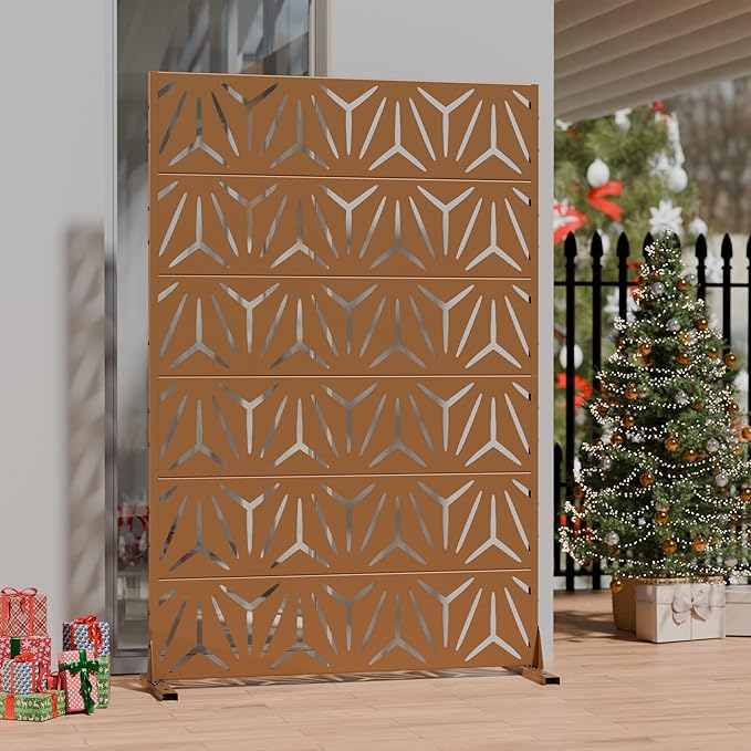 Casaphoria Metal Privacy Screen Outdoor, 72" H x 47" W Freestanding Decorative Privacy Screen for Patio Deck Balcony Garden with Stable Base, Brown Star