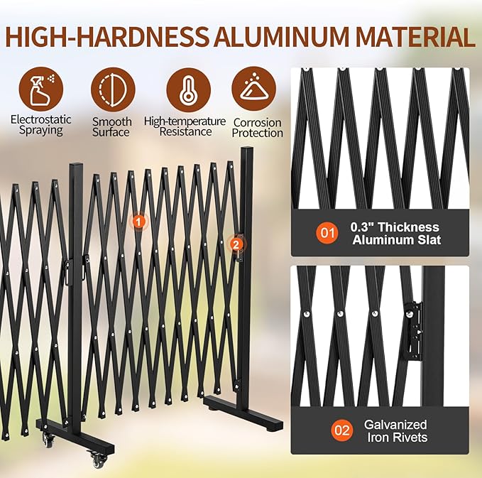 TECSPACE Aluminum Expandable Garden Fence, Portable Barricade Gate with Casters, Expansion Size 201×15.2×40.6 inches, Adjustable Flexible Fence Mobile Barricade Safety Barrier