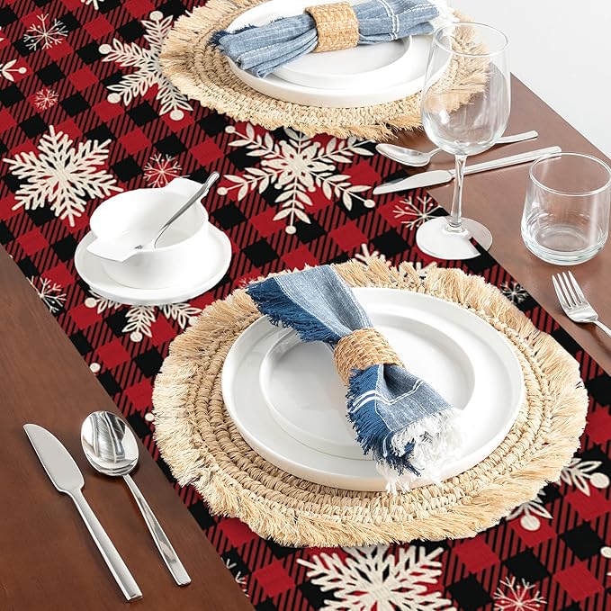 Christmas Red Plaid Snowflake Table Runners 70 inches Long Table Runner Elegant Linen Dresser Scarfs Farmhouse Tablerunner for Wedding/Coffee/Dining Table/Party Home Decor