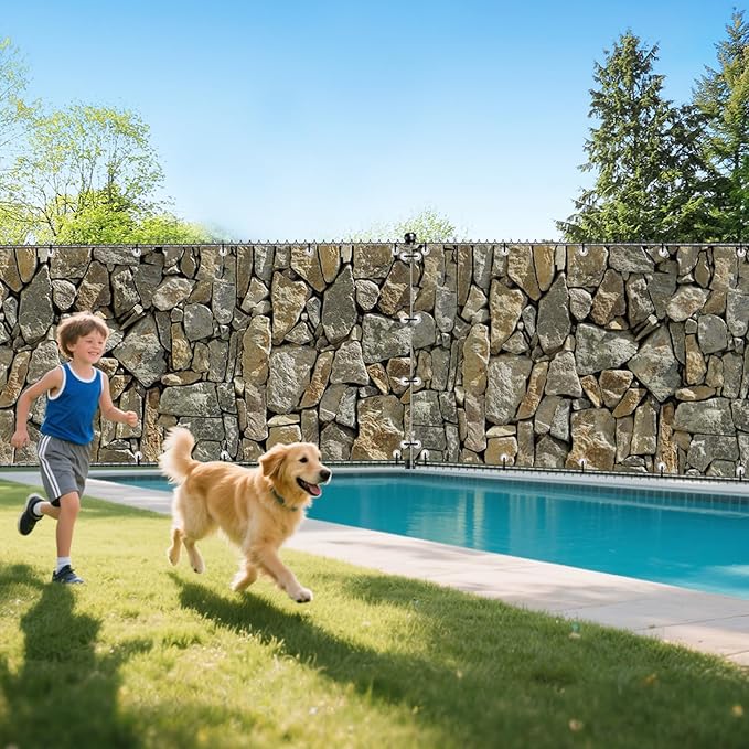 UPGRADE 3'x44'Customized PVC Privacy Fence Screen with Stone Wall Print – Outdoor Waterproof Patio Privacy Cover for Yard, Balcony, Garden Fence Decoration