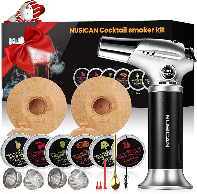 Cocktail Smoker Kit with Torch, 6 Flavors Wood Chips for Whiskey and Bourbon, Old Fashioned Smoker Kit for Infused Cocktail, Cheese, Salad and Meats, Gifts for Men, Dad and Boyfriend (No Butane)