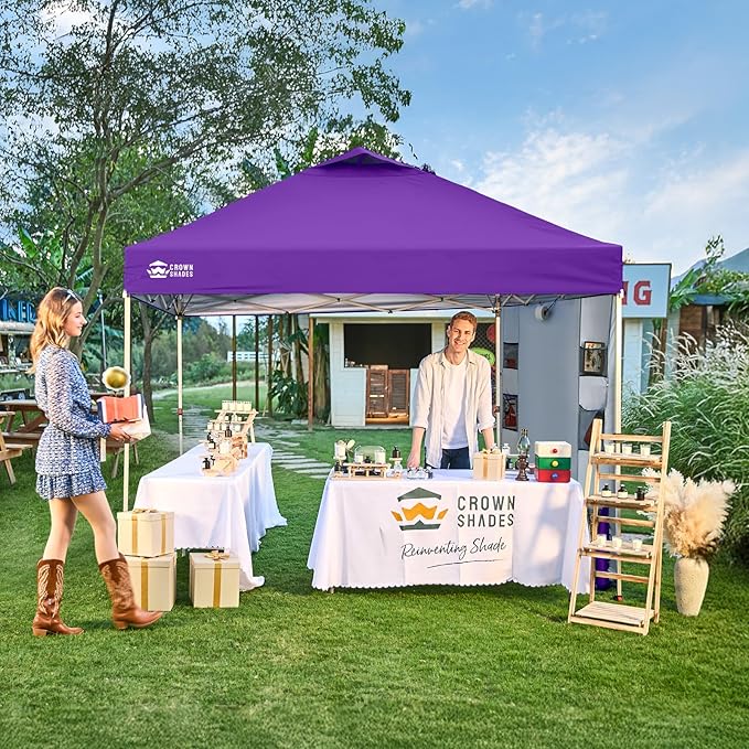 CROWN SHADES Canopy Tent 10x10 Pop Up Canopy Outdoor Shade with Pockets Sidewall, Easy Up Sun Shelter with One Person Set Up Center Lock, Portable Instant Camping Beach Canopy Tents, Purple