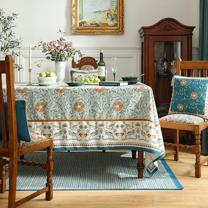 patdrea Designer French Linen Blue Tablecloth for Rectangle Table,Vintage Floral Table Cloth,Colorful Decoration Fall Cover Kitchen Dining for Thanksgiving,Tea Party,Christmas,55"x79"-Wensel