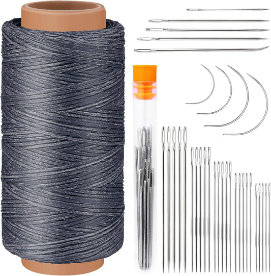 Tikjiua 492ft Upholstery Needle Threads, 164Yards Leather Waxed Thread with Curved Needles, Upholstery Repair Leather Thread and Needles for Canvas Carpet Sofa Furniture Repair
