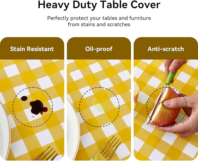 Romanstile Square Vinyl Tablecloth, 100% Waterproof Buffalo Gingham Plastic Table Cloth, Heavy Duty Wipeable Checkered Table Covers for Outdoor, Camping, Picnic, Patio - 54 x 54, Yellow and White