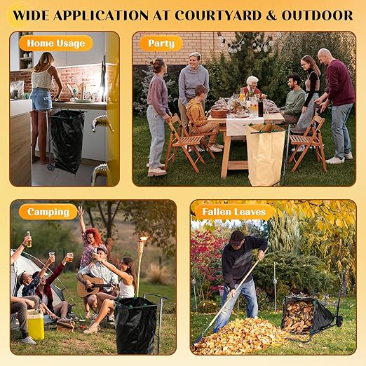 Trash Bag Holder with Wheels, Adjustable Metal Leaf Bag Holder with 4 Clips, Heavy Duty Outdoor Mobile Garbage Bags Cart, Lawn Garbage Bag Stand Holds 35-45 Gallon for Lawn Leaves, Camping, Weeding