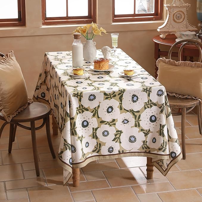 Designer Vintage Small Rectangular Tablecloth,Linen French Tablecloth with White Floral Pattern,Decor Table Cover for Kitchen,Dining,Thanksgiving,Tea Party,55" × 71"-Hidaka