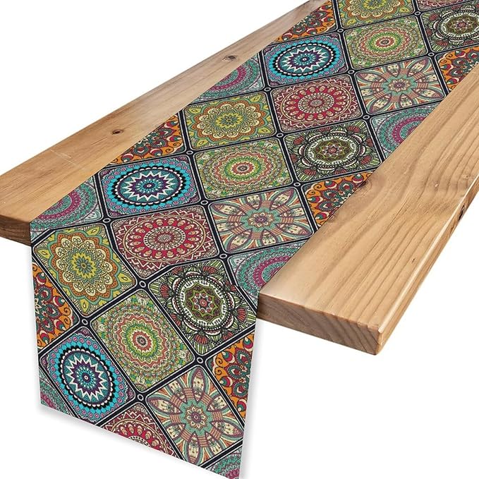 Bohemian Mandala Table Runner, Vintage Colorful Boho Geometric Floral Flower Antique Paisley Rustic Coffee Table Center Decor for Family Kitchen and Living Room Outdoor Table Decorations, 13"x90"