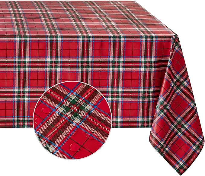 Romanstile Christmas Plaid Square Vinyl Tablecloth, 100% Waterproof Checkered PVC Table Cloth, Heavy Duty Xmas Gingham Plastic Table Cover for Dining, Party, Holiday Decor - 54 x 54 Inch, Red