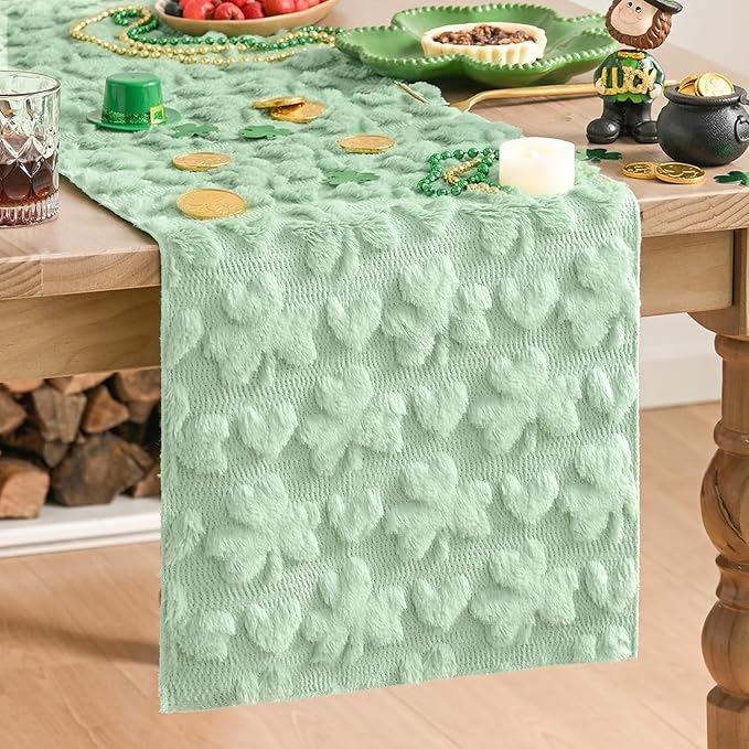 Artoid Mode Sage Green Soft Plush Faux Fur Jacquard Heart Clover St. Patrick's Day Table Runner, Seasonal Kitchen Dining Table Decoration for Home Party Decor 13x72 Inch