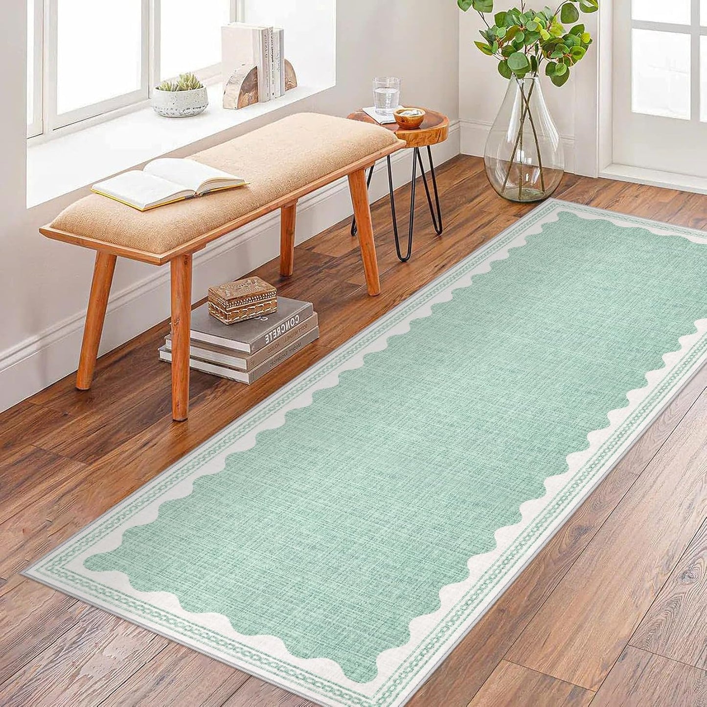 Scalloped Rug 2.5x8 Runners for Hallways, Solid Green Runner Rugs Non Slip Scalloped Bath Runner, Washable Mat for Bedroom Girls, Rugs for Kitchen Floor Soft Dorm Nursery Carpet for Bedside