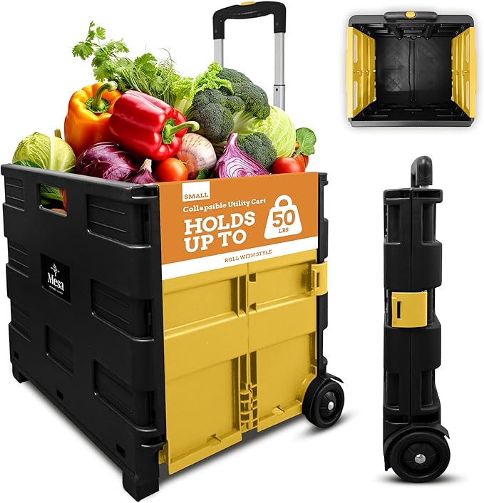 Inspired Living Ultra-Slim Rolling Collapsible Storage Pack-N-Roll Utility-carts, with Telescopic Handle, for Home, Garden, Shopping, Office, School use, Medium, Yellow & Black