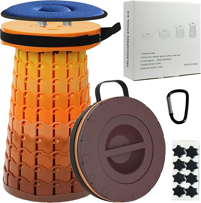 ALEVMOOM Upgraded XXL Collapsilbe Stool with Cushion,More Sturdy and Height 19.7",D11.8,Portable and Lightweight Adjustable Chair Telescoping Stool for Camping Hiking BBQ Max Loading 1000Ibs