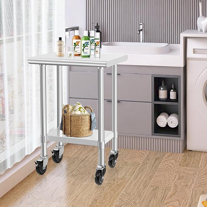 HARDURA Stainless Steel Commercial Table Prep & Work Table with Casters Heavy Duty Metal Table with Wheels NSF 430 18×24 Inches