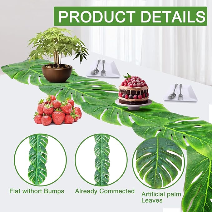 12 Pcs Palm Leaves Table Runners 72 Inch, Artificial Tropical Palm Leaves Table Runner Faux Leaf Table Cloth for Wedding Hawaiian Luau Theme Party Supply Summer Table Wall Decorations