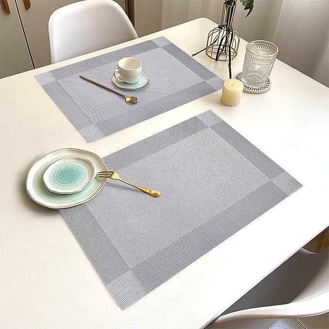 Placemats Set of 12 Washable&Wipeable Silver Place mats for Dining Table Kitchen Indoor Outdoor Table Mats Heat Resistant Non Slip Woven Vinyl Table Placemats (Grey，12PCS)