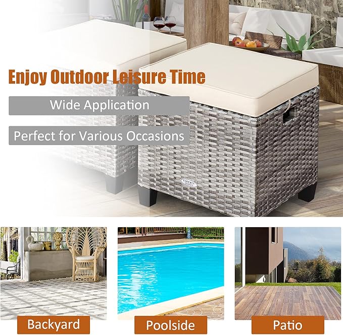 Tangkula 2 Pieces Patio Rattan Ottomans, Outdoor Wicker Footstool Footrest Seat with Soft Cushions and Steel Frame, All-Weather Patio Ottoman Set for Backyard Garden Poolside