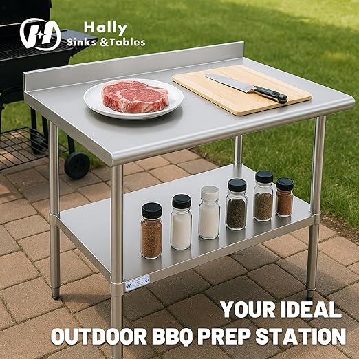 Hally Stainless Steel Table for Prep & Work 14 x 30 Inches, NSF Commercial Heavy Duty Table with Undershelf and Backsplash for Restaurant, Home and Hotel