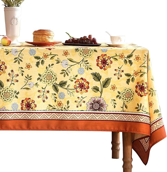 Vintage Linen Small Tablecloth for Square Table,Yellow Floral French Wrinkle Free Tablecloths,Decorative Table Cover for Kitchen,Dining,Thanksgiving,Farmhouse,55" × 55"-Bellano