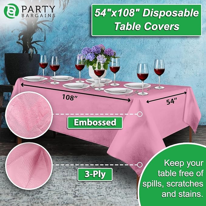 PARTY BARGAINS 5 Disposable Table Covers - 54" X 108" Pink Table Cover, 3 Ply Paper & Plastic Tablecloth