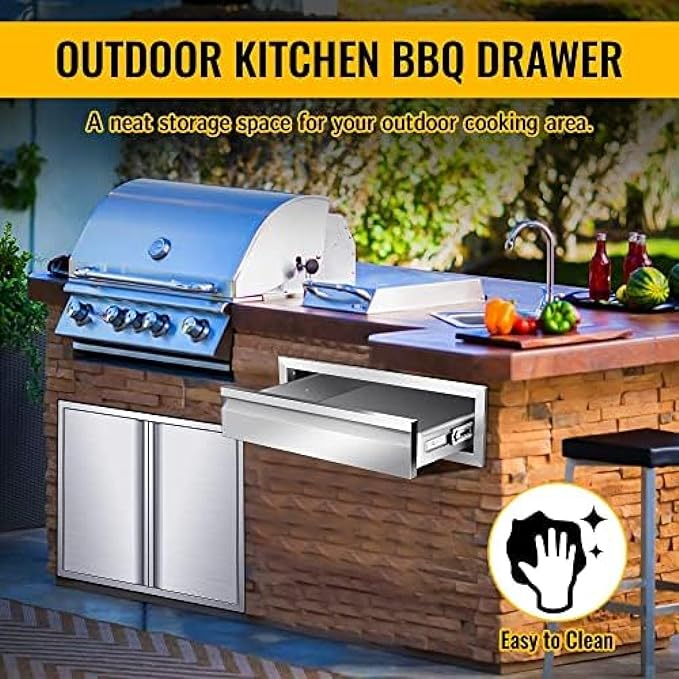Outdoor Kitchen Drawers, Flush Mount Triple Access BBQ Drawers With Stainless Steel Handle, BBQ Island For BBQ Island Patio Grill Station,Single Drawer