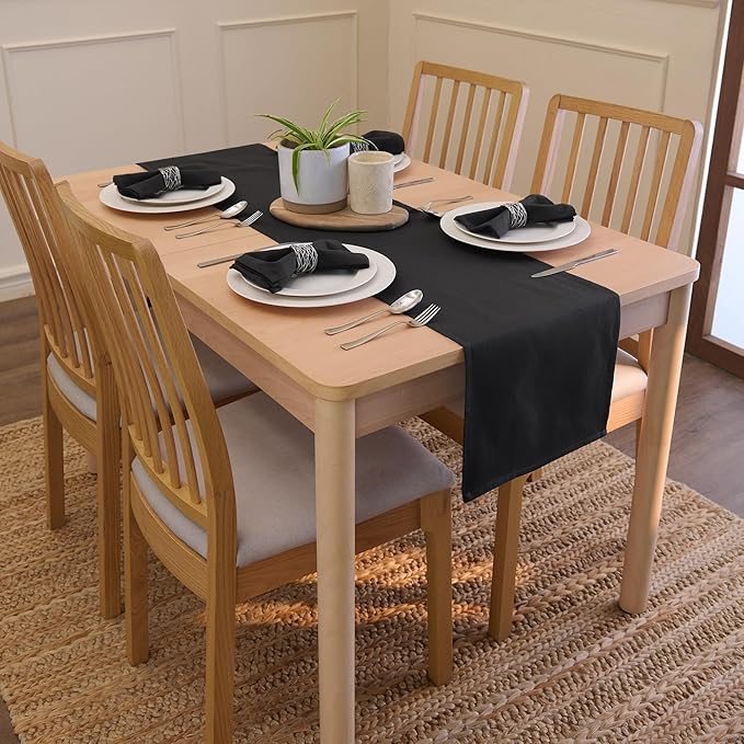 Encasa XO Table Runner 13"x48" Long | Cotton Canvas Fabric | Jet Black Solid Color | Machine Washable & Durable