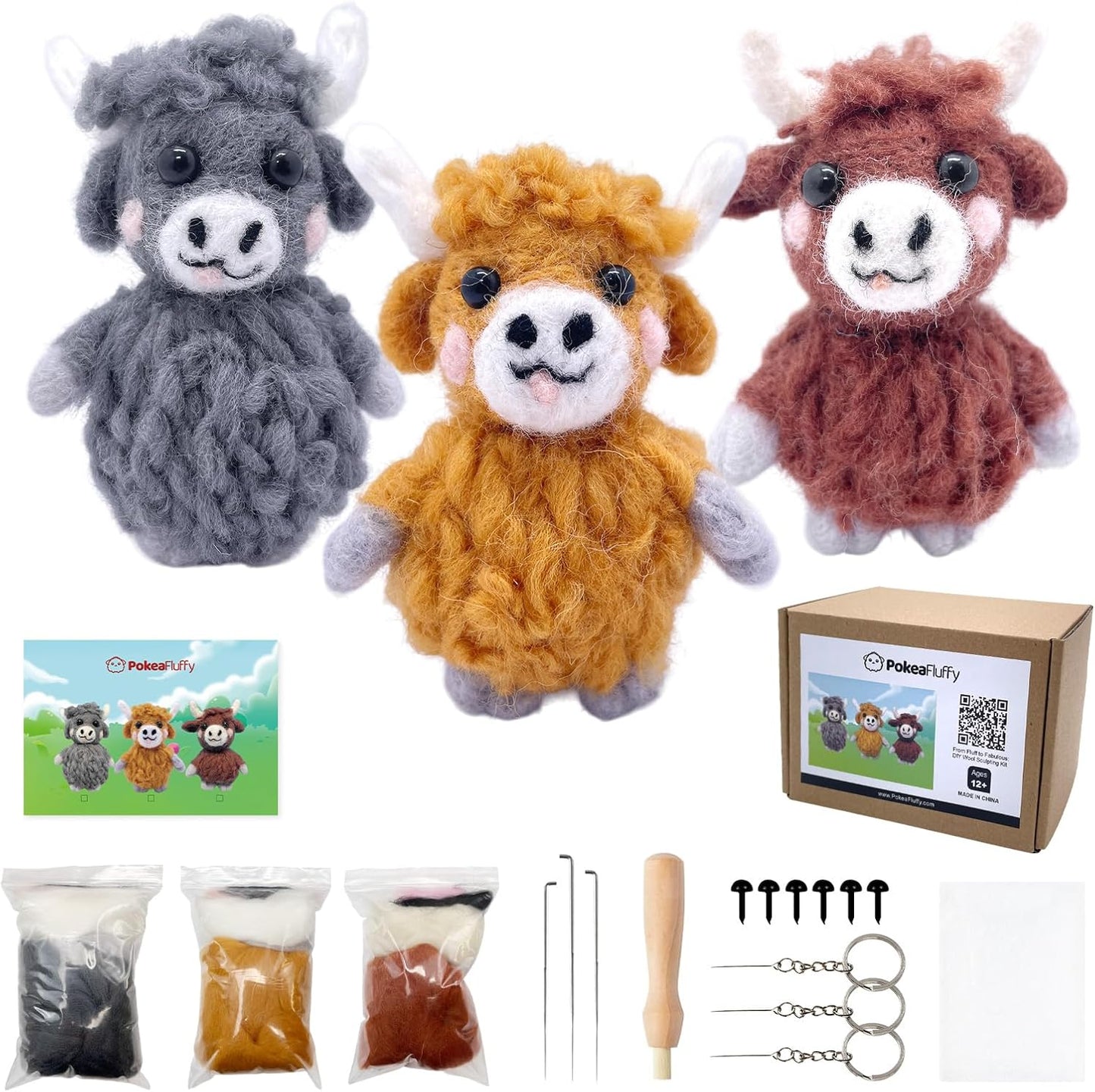 Needle Felting Kit, 3 Pcs Highland Cow Wool Needle Felting Kit for Beginners & Adult, Animal Doll Making Set with Video Instruction, Craft Party Supplies, Tools & Foam Pad, DIY Birthday Gift