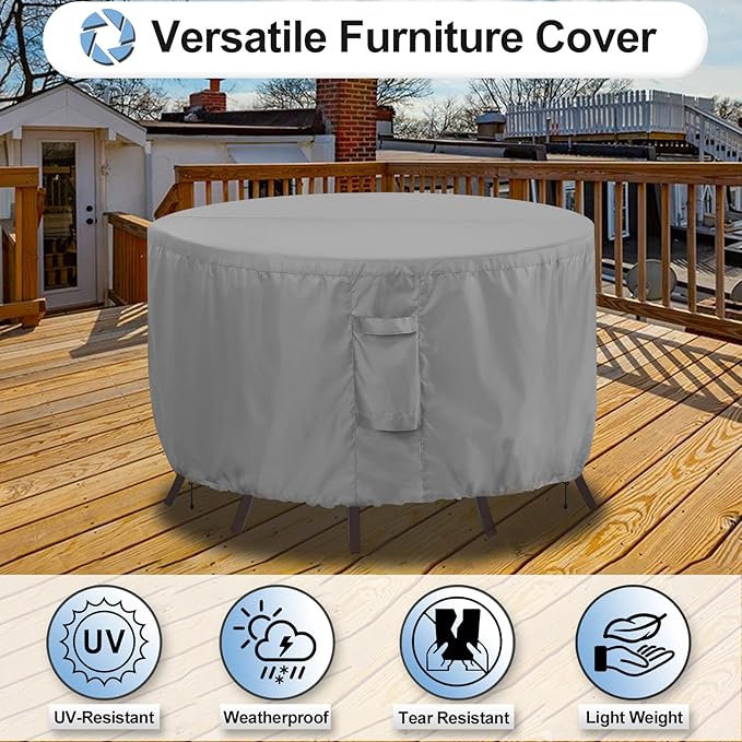 OutdoorLines Outdoor Waterproof Patio Table Furniture Set Covers - Round Couch Sectional Cover Outside Weatherproof Patio Furniture Covering for Deck, Lawn and Backyard 62" Dia x 28" H, Grey